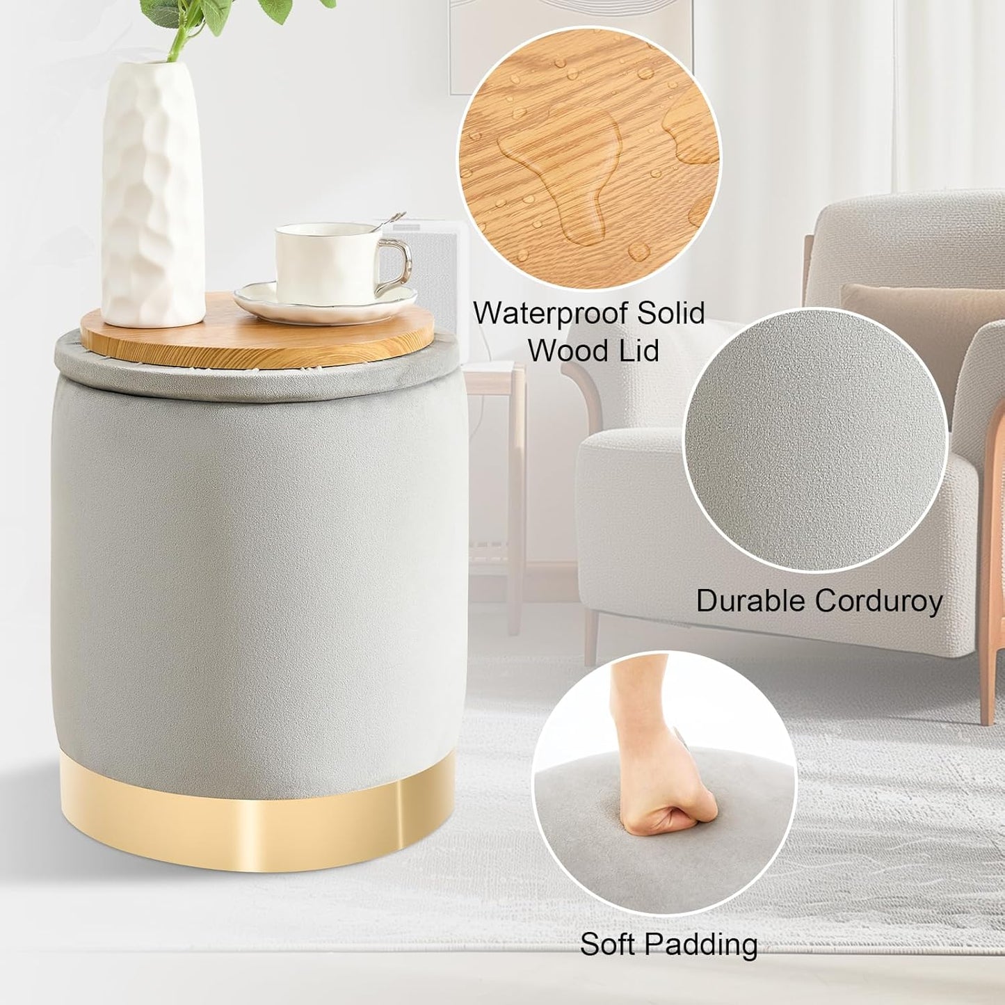 Round Ottoman with Storage Set of 2, Upholstered Velvet Storage Ottomans, Vanity Stool, Multifunctional Ottomans, Coffee Table Foot Rest Ottoman for Living Room Bedroom, Light Grey