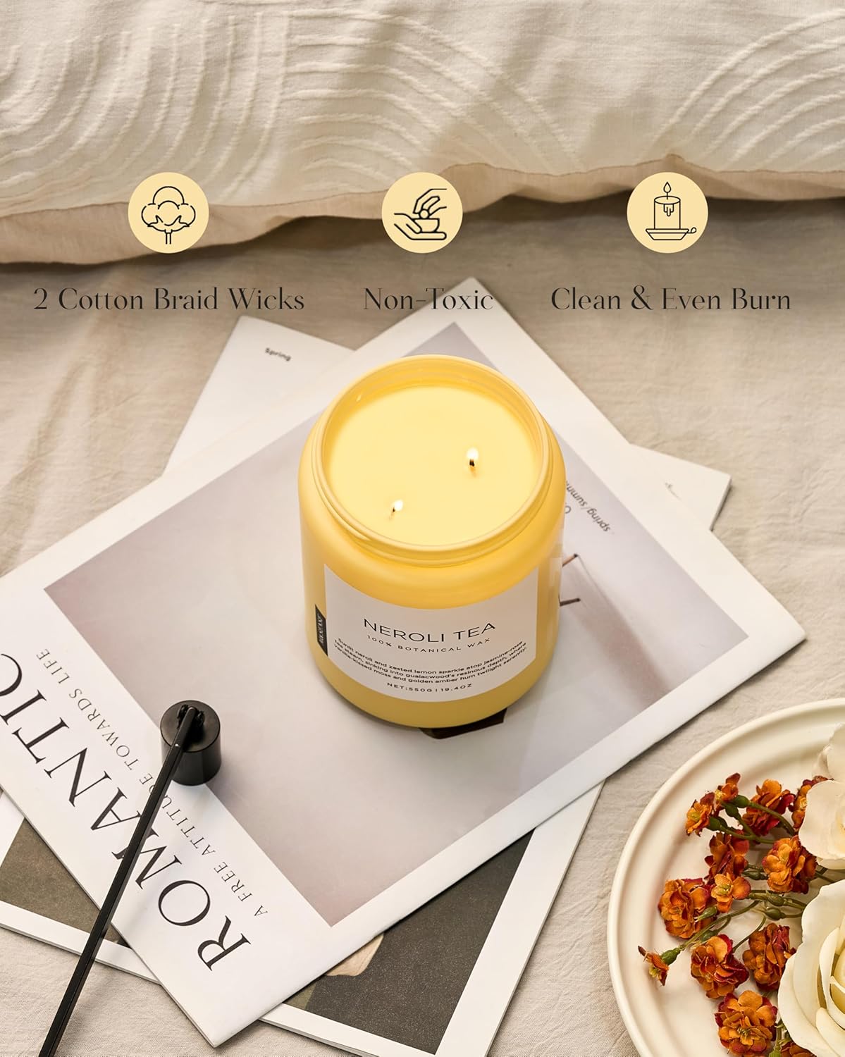 M&SENSE Neroli Tea Scented Candle, 19.4oz 110 Hours Long Lasting Burn 2 Wick Non Toxic Natural Soy Wax Candle for Women, Slow Burning Home Fragrance Gifts for Stress Relief & Relaxing