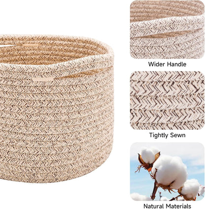 Small Basket for Organizing | Cube Shelf Closet Storage Baskets | 9.7×9.7×7.1” | Woven Rope Gift Basket | Nursery | Round 3 Packs Mixed Brown