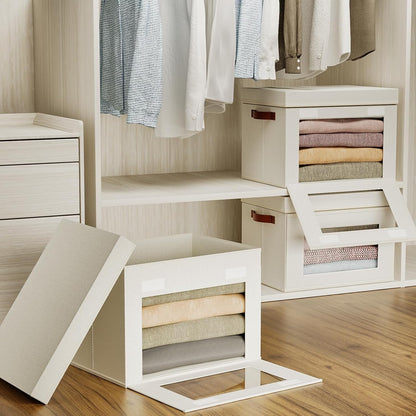 Large Storage Bins with Lids,Stackable&Collapsible Closet Storage Bins,Oxford Fabric Organizer Box with Clear Window,Large Decorative Storage Boxes for Shelves,Wardrobe,Living Room(Beige)