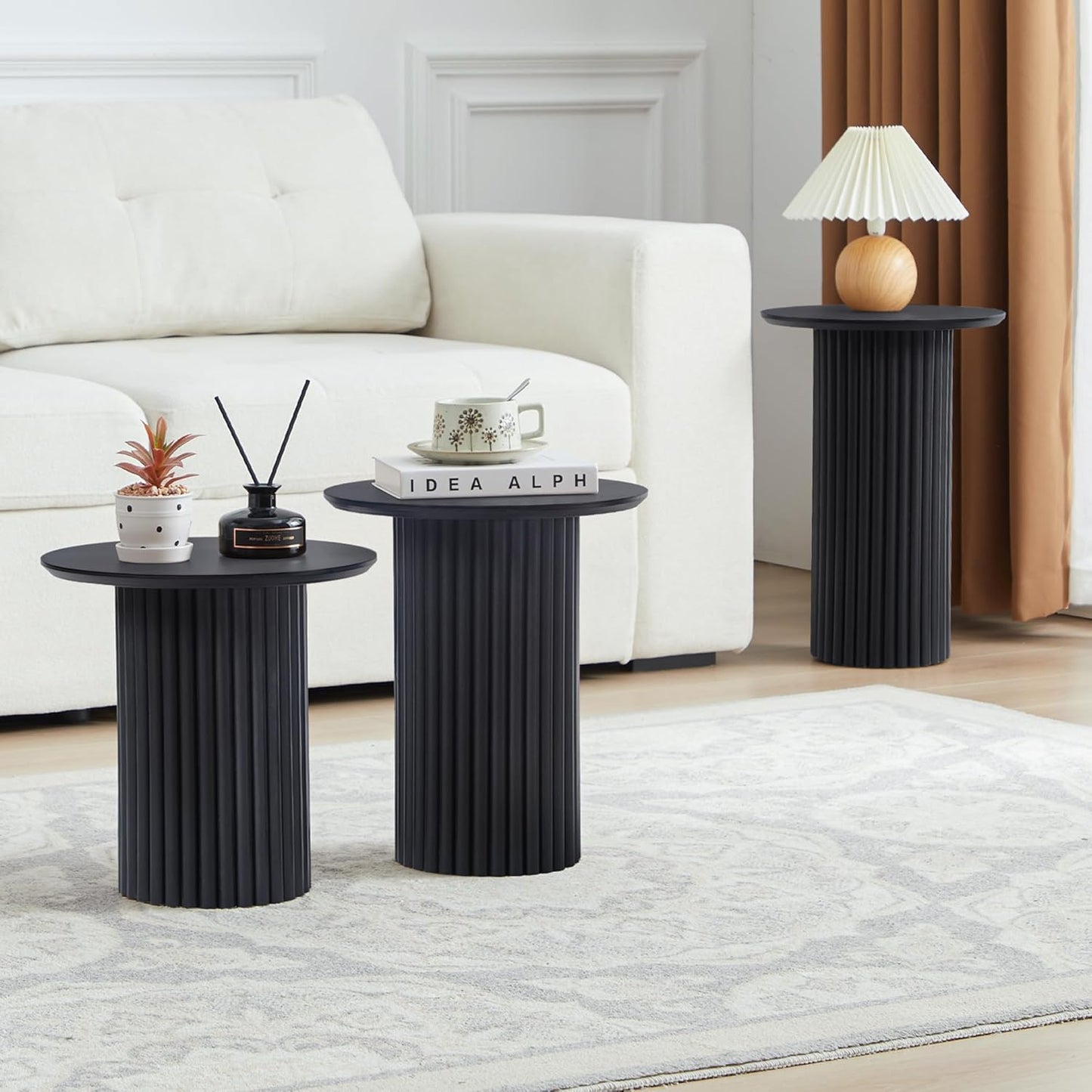 Round Nesting Coffee Table Set of 3,Mid Century Modern Fluted Coffee and End Table Set,Small Circle Wooden Side Table Drink Table for Living Room (Black)