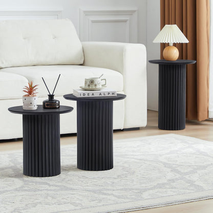 Round Nesting Coffee Table Set of 3,Mid Century Modern Fluted Coffee and End Table Set,Small Circle Wooden Side Table Drink Table for Living Room (Black)