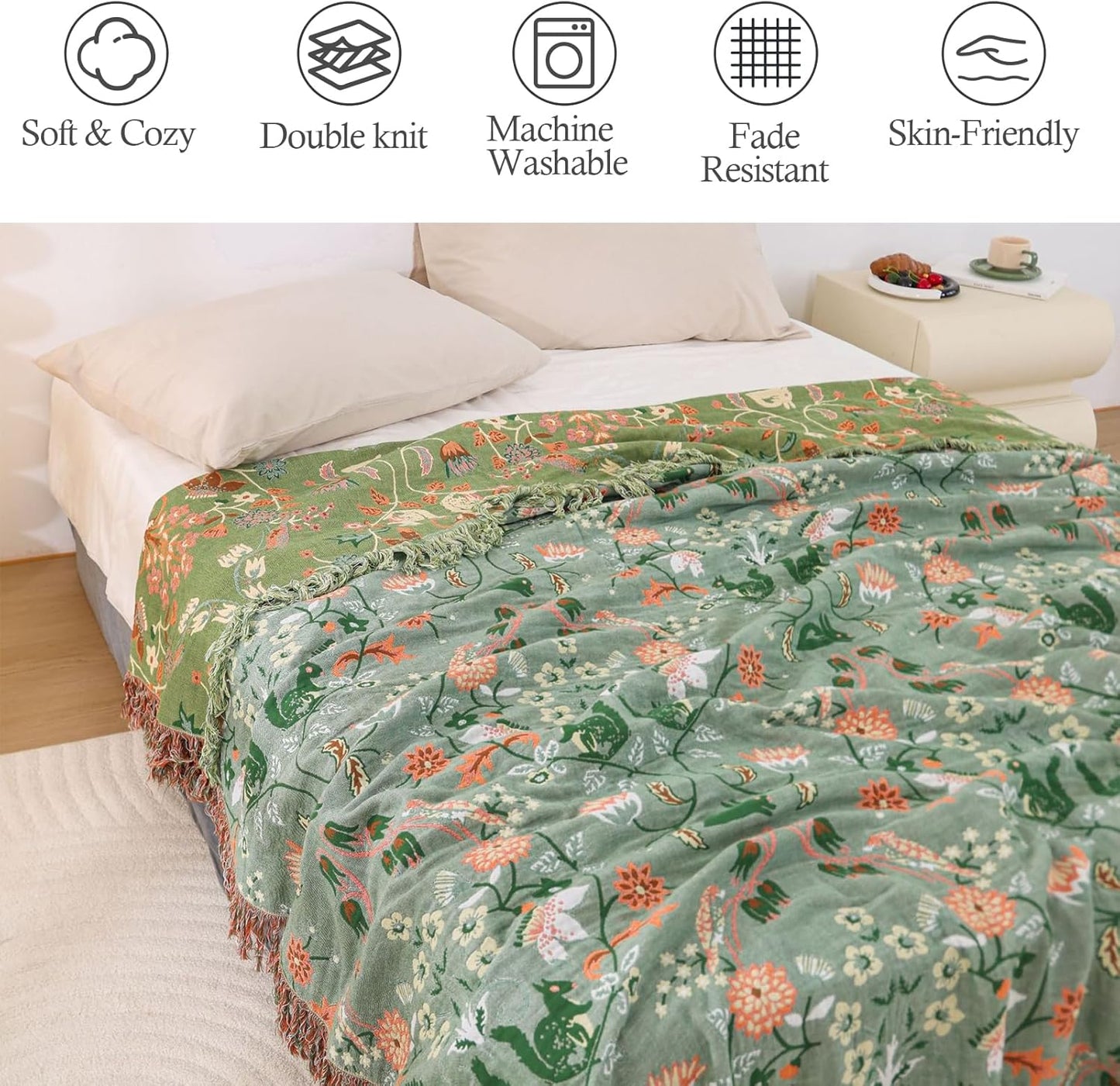 Snycler Boho Throw Blanket for Bed - 100% Cotton Ultra Soft Rustic Quilt Green Blanket - Floral Printed Farmhouse Decor Bed Blankets, 80"×90" All Season Rustic Throw for Sofa Couch Chair