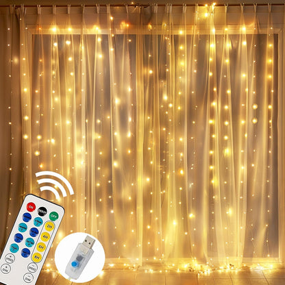 FUNPENY Window Curtain String Lights, 300 LED 8 Lighting Modes Fairy Lights USB Powered, Waterproof Lights for Christmas Bedroom Party Wedding Home Garden Wall Decorations, Warm White