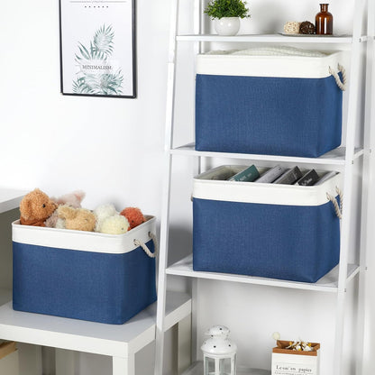 Bidtakay Large Storage Baskets for Shelves 3 Pack Fabric Storage Bins for Organizing Navy Blue Decorative Baskets Linen Collapsible Organizer for Closet