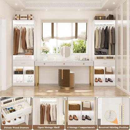 Unikito Freestanding Closet System with Wood Drawer and 4 Cubby Storage, Closet Organizer with Hanging Rods & Shelves, 25‘’W X 80'' H Clothes Garment Rack, Walk in Closet Tower Wardrobe, White