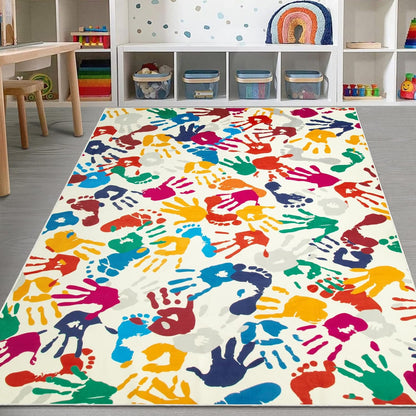STARUIA Large Colorful Kids Rug 6x9 Ft, Non-Slip Washable Rugs for Classroom, Handprints and Footprints Rugs for Playroom, Soft Nursery Rug Indoor Play Mat for Kids Room Daycare School