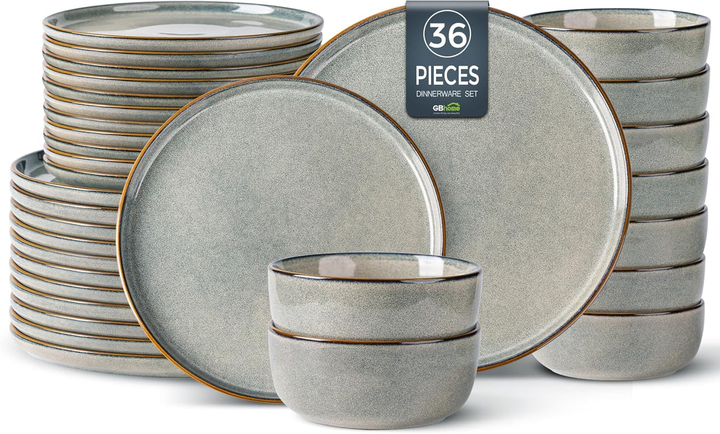 GBHOME Ceramic Dinnerware Sets for 12, 36 Pieces Stoneware Plates and Bowls Sets, Reactive Glaze Dishes -Scratch Resistant, Dishwasher&Microwave Safe, Green Wheat