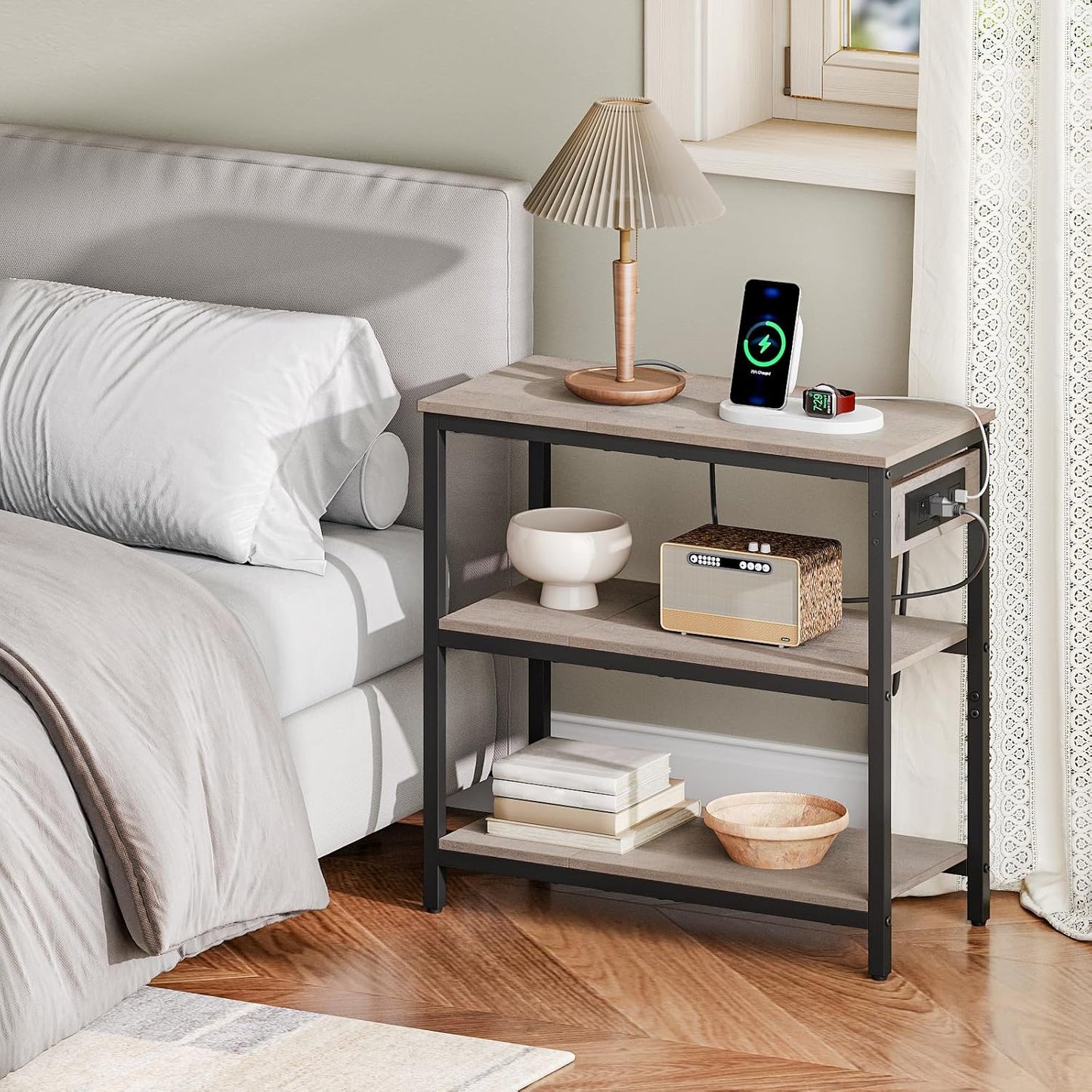 HOOBRO End Table with Charging Station, Simple Rustic Side Table with 3-Tier Storage Shelf, Narrow Nightstand for Small Spaces, for Living Room, Industrial Design, Greige and Black BG149UBZ01