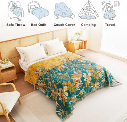 MSGKV Boho Throw Blanket for Couch Bed Chair 100% Cotton Muslin Breathable Embroidery Blanket 50"x60" Sofa Blankets for All Seasons Lightweight Farmhouse Blankets Boho Home Decor