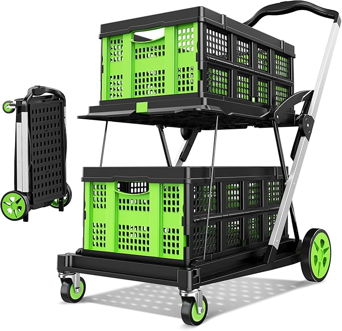 Collapsible Shopping Cart, 8-in-1 200LBS Multi Functional Utility Cart with 2 Storage Crate,Adjustable Handle Grocery Cart on Wheels for Shopping/Warehouse/Office/Supermarket -Green