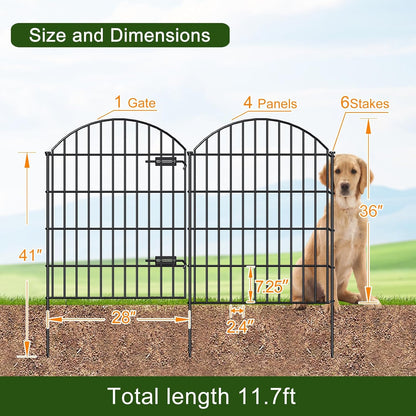 Metal Garden Fence with Gate 36in (H) x 11.7ft (L), 1 Gate+ 4 Panels Dog Fence Border Fence Animal Barrier, No Dig Garden Fencing for Yard Flower Bed Lawn Patio Outdoor, ECG3505, Black