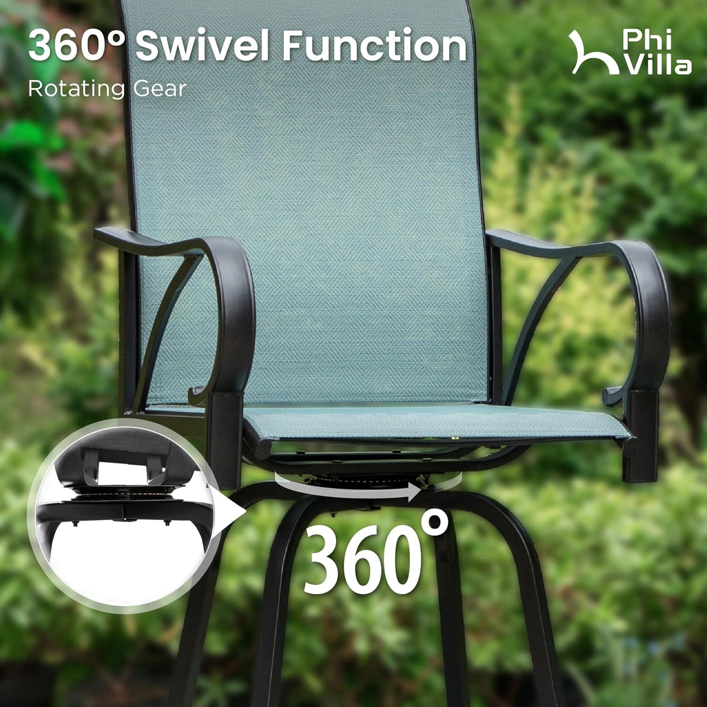 PHI VILLA 3 Piece Outdoor Bar Set, High Top Patio Bistro Table and Bar Chairs with Teal Textilene Fabric & Rustproof Metal Frame for Backyard, Balcony, Garden & Poolside