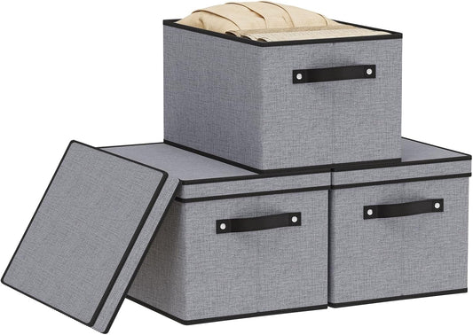 Clothing Storage Bins, Blanket Baskets for Shelves, Fabric Cubes with Handles and Lids, Decorative Linen Closet Organizers Boxes, Gray, 3 Pack, 16.5 x 11.8 x 10.2 Inch