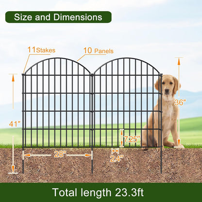 Metal Garden Fence 36in (H) x 23.3ft (L), 10 Panels + 11 Stakes Dog Fences Border Fence Animal Barrier, No Dig Garden Fencing for Yard Flower Bed Lawn Patio Outdoor, CTW3610 Black
