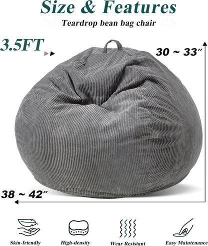 3.5FT Bean Bag Chairs Teardrop Bean Bag Chair for Adults Beanbag Chair with Memory Foam Filled Machine Washable Cover for Living Room, Bedroom (Large,Grey)