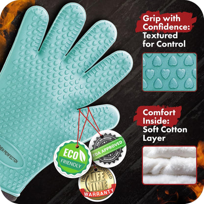 KITCHEN PERFECTION XL Silicone Smoker Oven Gloves -Extreme Heat Resistant BBQ Gloves -Handle Hot Food Right on Your Grill Fryer & Pit | Waterproof Oven Mitts Grill Gloves |Superior Value Set+3 Bonuses