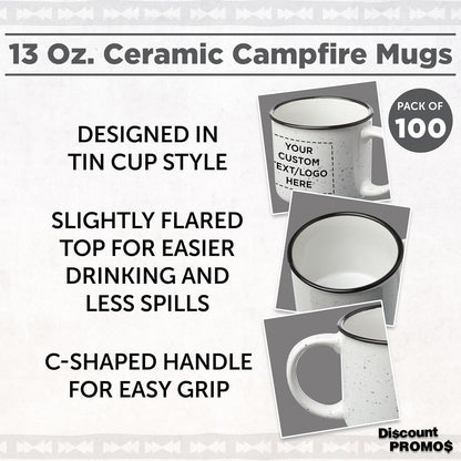 DISCOUNT PROMOS Custom Ceramic Campfire Coffee Mugs 13 oz. Set of 100, Personalized Bulk Pack - Perfect for Tea, Espresso, Cappuccino, Hot Cocoa - White