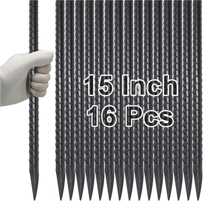 VVOKGO Rebar Stakes 15 Inches Ground Concrete Form Stakes (16pcs), 3/8" Diameter Straight Metal Spikes Heavy Duty with Chisel Point End, Steel Anchors for Fence, Concrete Timber, Garden Plants, Black
