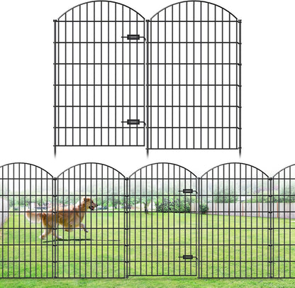 Metal Garden Fence with Gate 48in (H) x 20.3ft (L), 1 Gate+ 7 Panels Dog Fences Border Fence Animal Barrier, No Dig Garden Fencing for Yard Flower Bed Lawn Patio Outdoor, ECG4808G, Black