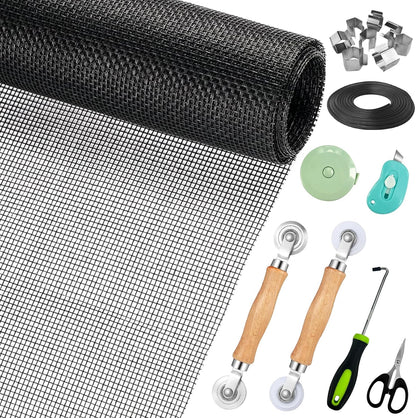 Window Screen Replacement,Screen Door Repair Kit, 59"x158" Black Window Screen Mesh,Including 50 FT Splines+Hooks+2 Rollers+8 Clips+Scissors+Knife+Tape Measure,Fully Equipped Window Screen Repair Kit