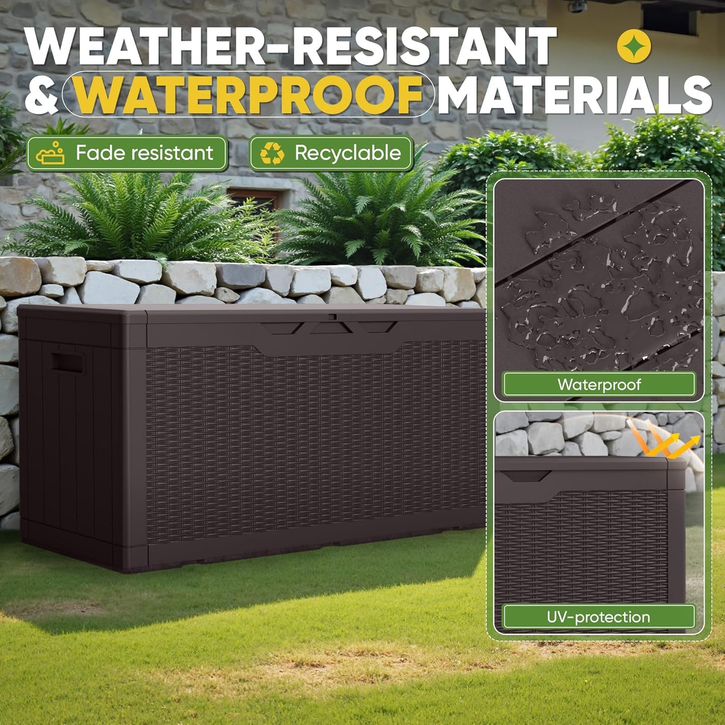 Greesum 100 Gallon Resin Deck Box Lockable Large Outdoor Storage Boxes for Garden Tools, Patio Furniture Cushions, Pool Supplies, Dark Brown