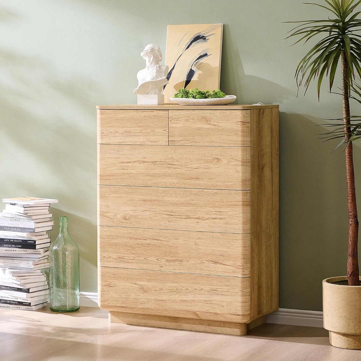 6 Drawer Dresser for Bedroom, 42 Inch Tall Modern Chest of Drawers, Push-to-Open Wood Storgae Organizer with Large Drawers for Bedroom, Living Room, Hallway, Natural Oak