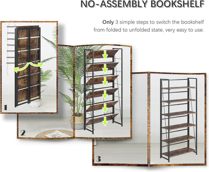 4NM No Assembly Foldable Bookshelf, 6-Shelf Collapsible Bookcase Storage for Small Spaces, 74" H, Rustic Brown and Black