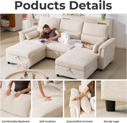 103''U Shaped Modular Sectional Sofa, Comfy Cloud Sectional Couch with Storage Ottoman, Chenille Deep Seat Modern Modular Sofa with 2 Throw Pillows for Living Room,Beige