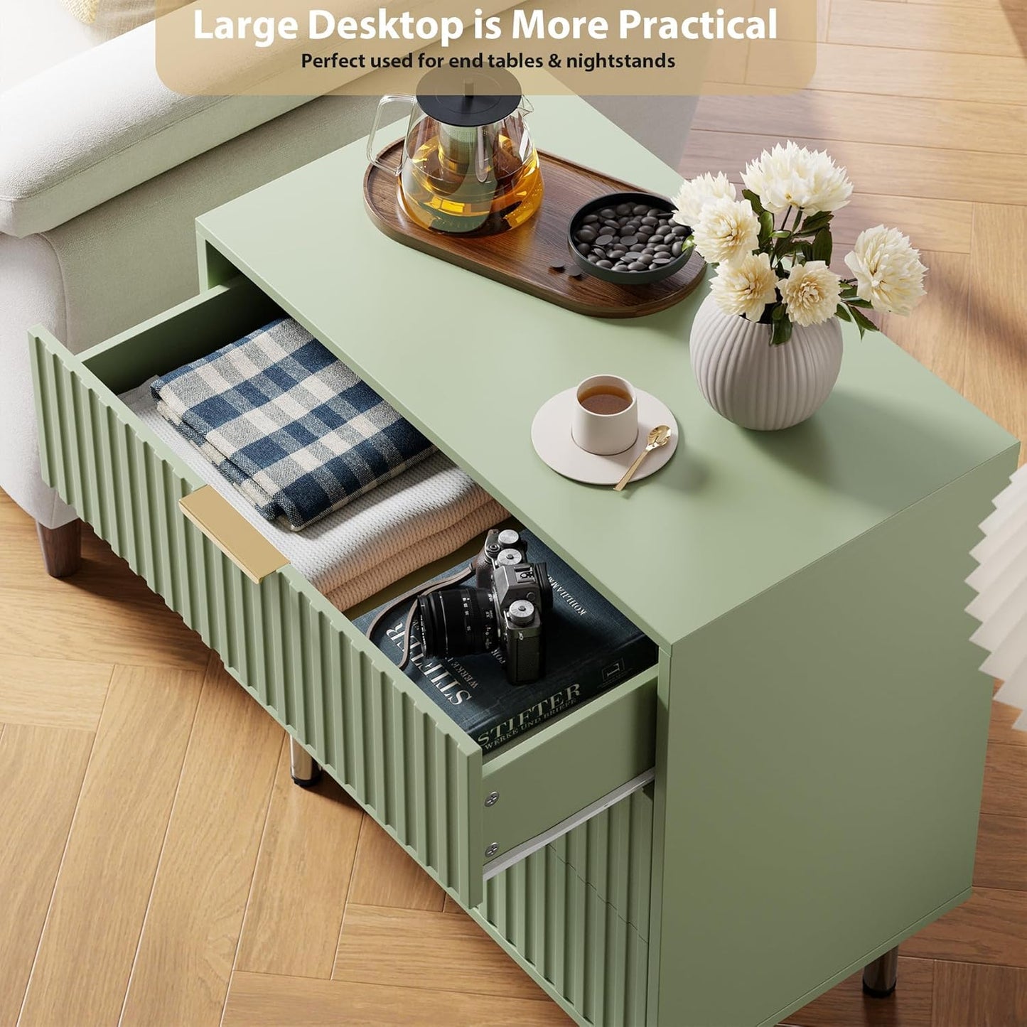 Green 3 Drawer Dresser for Bedroom, Fluted Modern Nightstand with Deep Drawers, Chest of Drawers with Wide Top, Wooden Dresser Organizer, Side Table for Living Room, Hallway, Kids Room