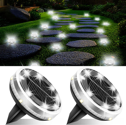 Solar Ground Lights Outdoor 2 Pack Waterproof, Upgraded Solar Garden Lights with 4 Side Light, Stainless Steel Solar Powered Disc Landscape Light for Walkway Pathway Lawn Yard Patio Deck-Cool White