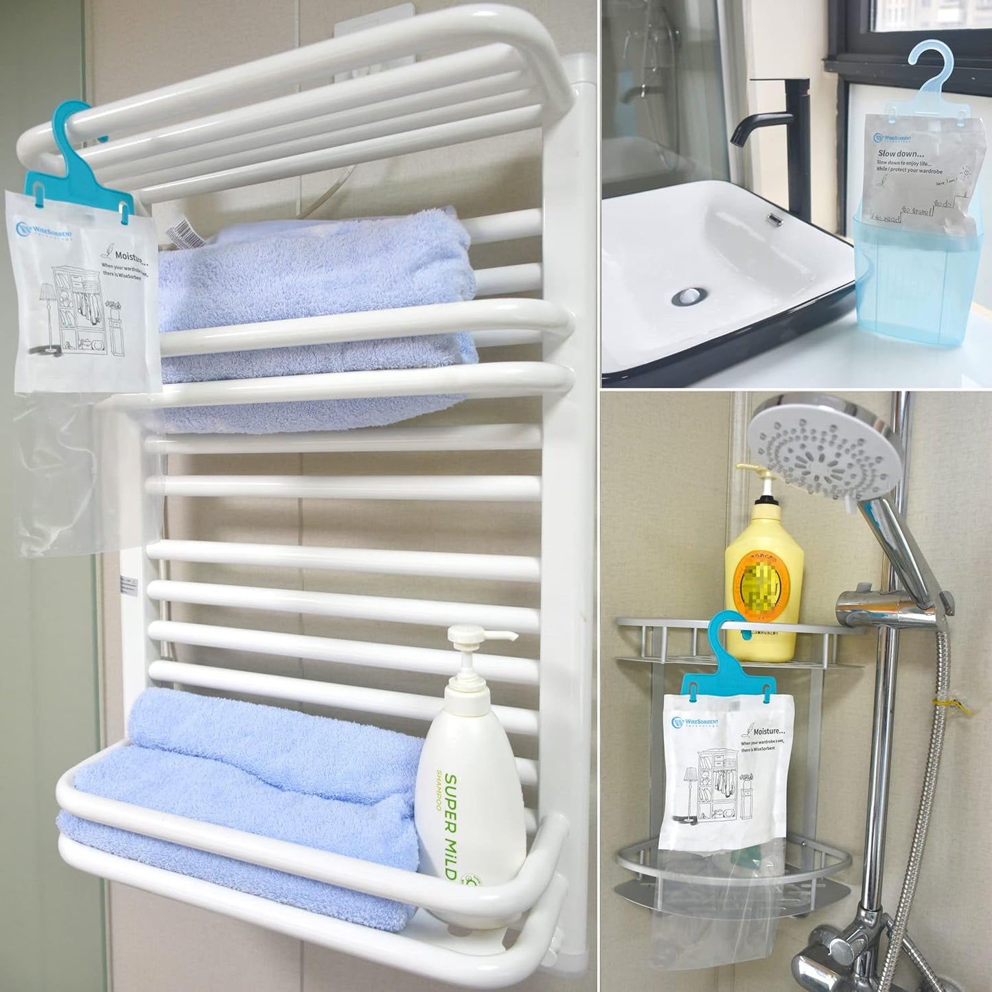 Moisture Absorber Packets with Plastic Case & Hook, Odor Eliminator, Leak Proof, Fragrance Free, Humidity Packs, Hanging Closet Dehumidifier Bags, Moisture Absorber (4 Packs)