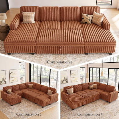 Belffin Plush Corduroy Modular Sectional Sofa with Pull Out Bed Convertible Small Sectional Corner Couch for Living Room Brick Red Couch