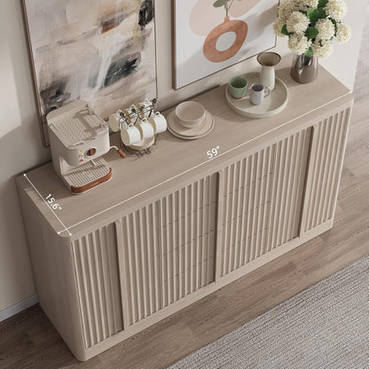 Buffet Cabinet with Storage, 60" Fluted Coffee Bar Cabinet with 4 Drawers & 2 Doors, Solid Wood Handle, Credenza Accent Storage Cabinet for Kitchen Living Dining Room, Natural Oak(1PCS)