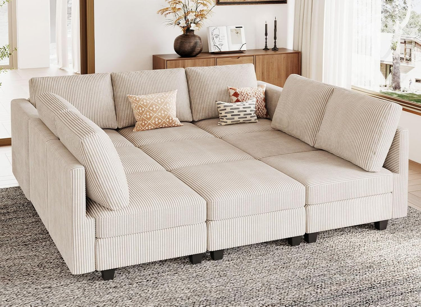 Belffin Corduroy Modular Sectional Sofa 9 Seat Convertible Sectional Sleeper Sofa Bed with Storage Ottomans Modular Sectional Couch Bed for Living Room Beige
