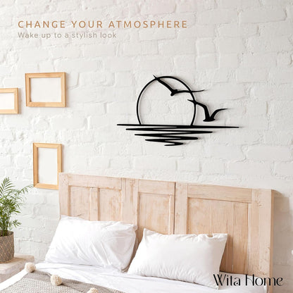 Wita Home Sunset with Seagulls Metal Wall Mounted Art, Handcrafted Metal Home Decor with Static Powder Coating, Eye-Catching Addition to Living Room Decor, Modern Beach Decor for Indoor and Outdoor Spaces, Perfect Housewarming Gift (32 x 16 inches)