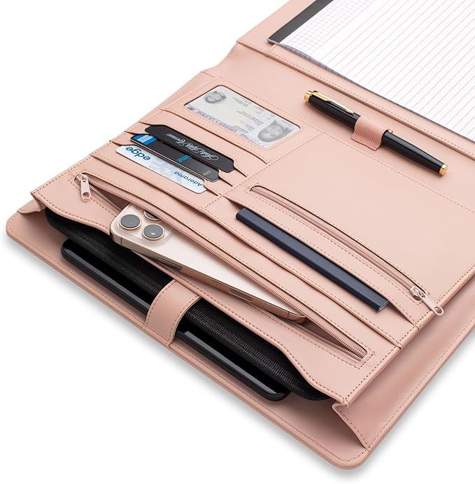 FOREVERMORE PORTFOLIOS Padfolio Binder Organizer for Women | Faux Leather Portfolio Folder for Resume, Documents, Notebook, Tablet and Business Cards | Notepad Included - Pink with Gold Edge