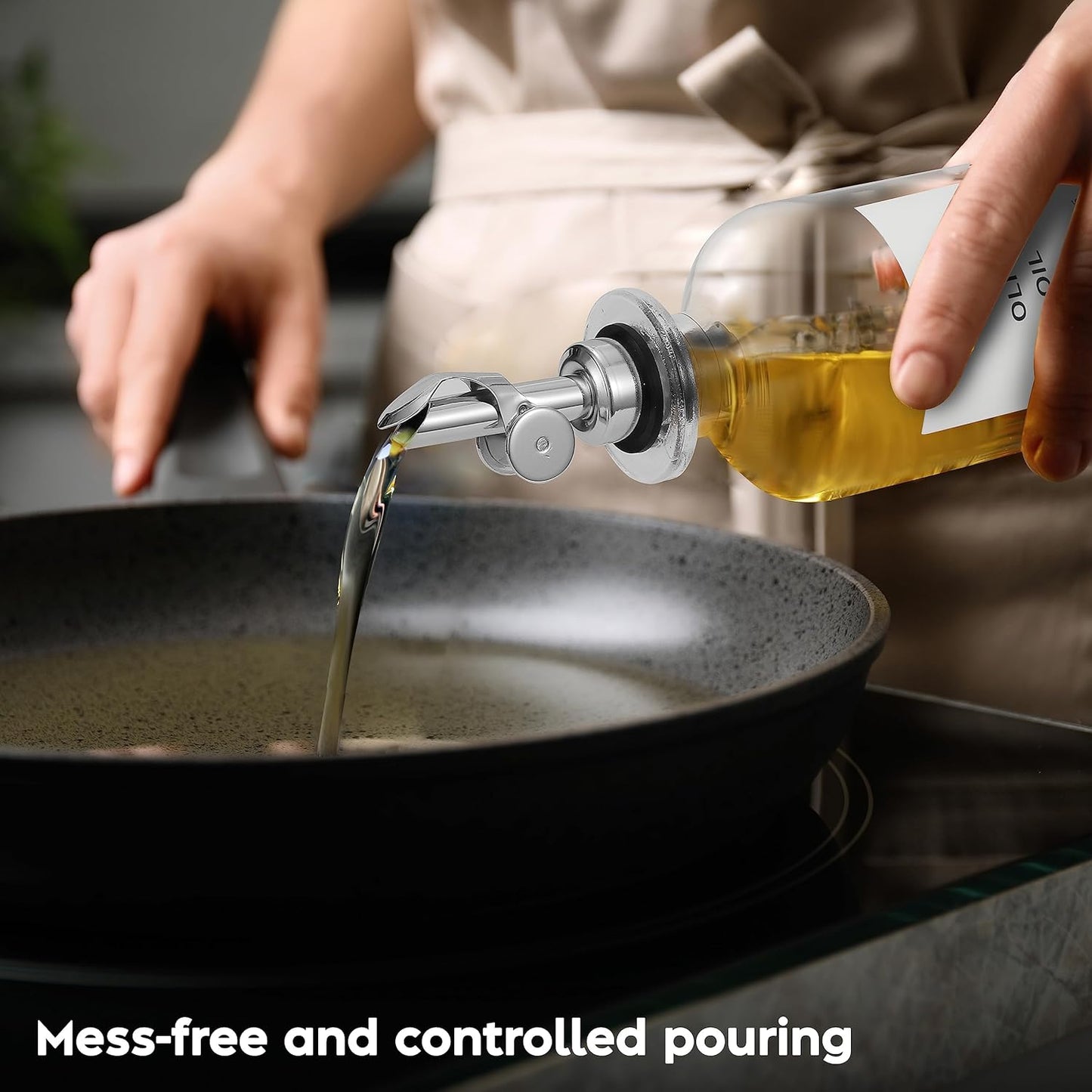 Olive Oil Dispenser Bottle - Includes 55 Kitchen Essential Labels - Cooking Oil Bottles for Kitchen, Coffee Syrup Dispenser - Pourer Spout with 11.8 fl oz Glass Container Cruet - 4pcs Silver