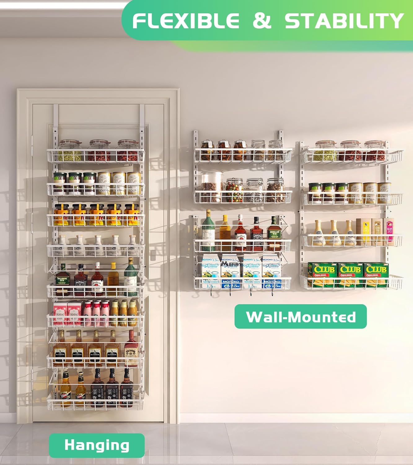 Over The Door Pantry Organizer, Wall Mount Spice Rack, Pantry Hanging Storage and Organization, 8 Adjustable Baskets Heavy-Duty Metal for Home & Kitchen, Back of Door Seasoning Rack - White