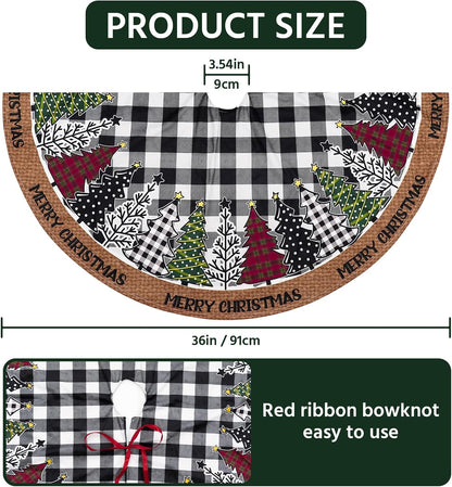 Christmas Tree Skirt 36 Inch, Black and White Buffalo Plaid Xmas Tree Skirts, Winter Christmas Trees Mat for Home Party Holiday Indoor Outdoor Decorations