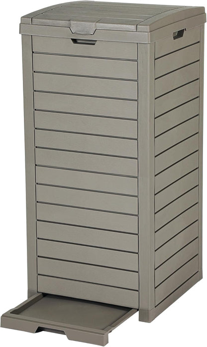 DWVO 38 Gallon Large Outdoor Trash Can, Waterproof Resin Hideaway Garbage Bin with Lid and Drip Tray, Outside Trash Bin for Porch, Backyard, Deck, Patio, Poolside, Easy to Clean, Taupe