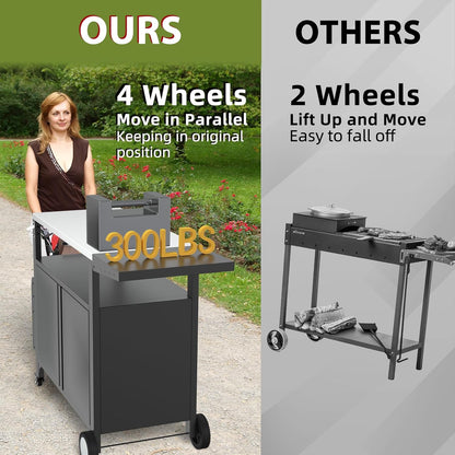 Outdoor Grill Cart with Wheels, Outdoor Kitchen Bar Cart Mobile BBQ with Foldable Stainless Steel Top & Storage Cabinet