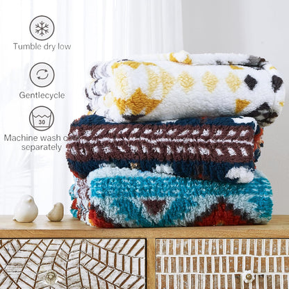 CASAAGUSTO Boho Sherpa Blanket,Teal Aztec Twin Blanket, Ultra Soft, Warm, Cozy, Plush, Thick Fleece Western Blanket for Couch, Bed, Sofa (Aqua 60 * 80 Inch)