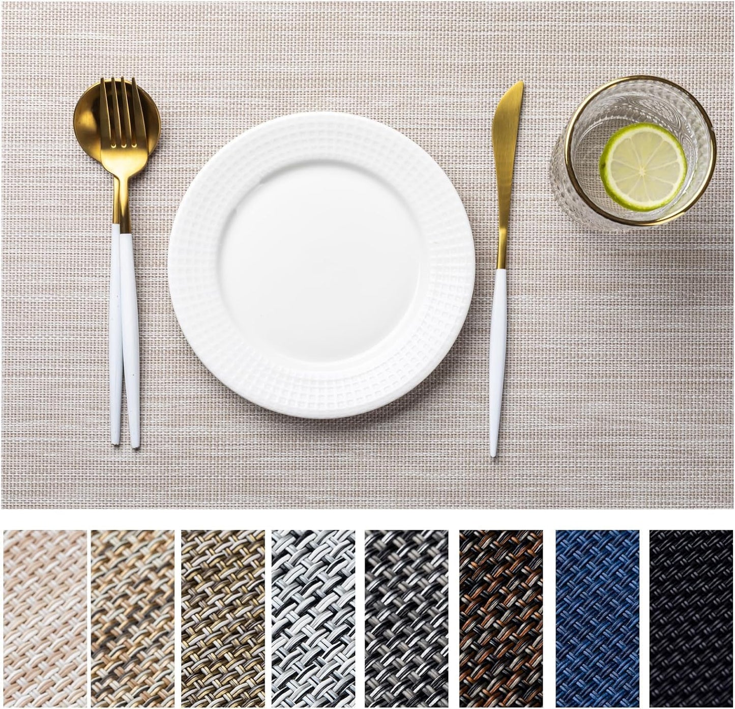 LEXMORE Placemats Set of 4 Vinyl/Plastic Woven Place Mats for Kitchen Table Indoor/Outdoor Washable Placemat Wipeable Dining Table Mats(A-Beige White)