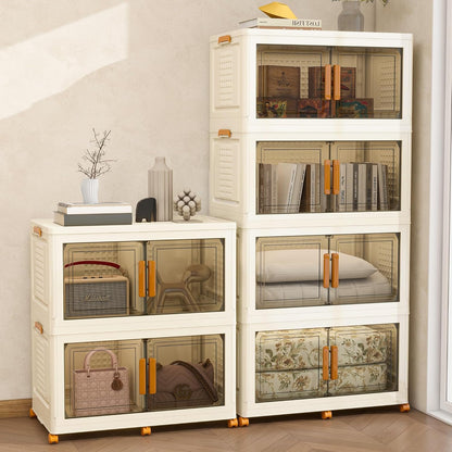 Plastic Stackable Storage Bins with Lids and Wheels, Closet Organizers and Storage Containers for Bathroom, Collapsible Clear Drawer Storage Cabinet with Doors 38Gal 2Tiers