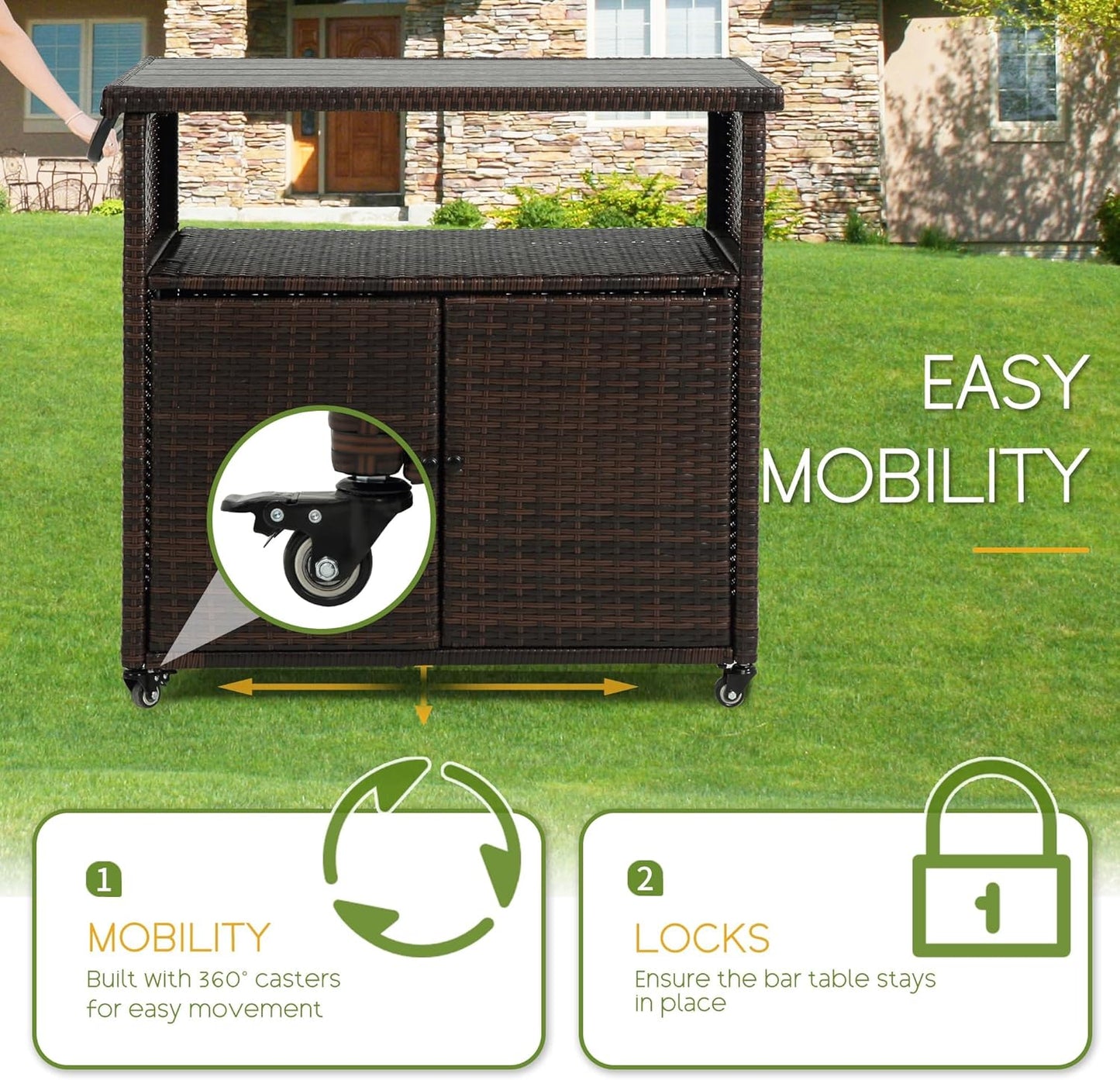 Wicker Outdoor Bar Cart - Brown Patio Console Storage Table Buffet Cabinet Serving Kitchen Cart with Wheels for Outside Backyard