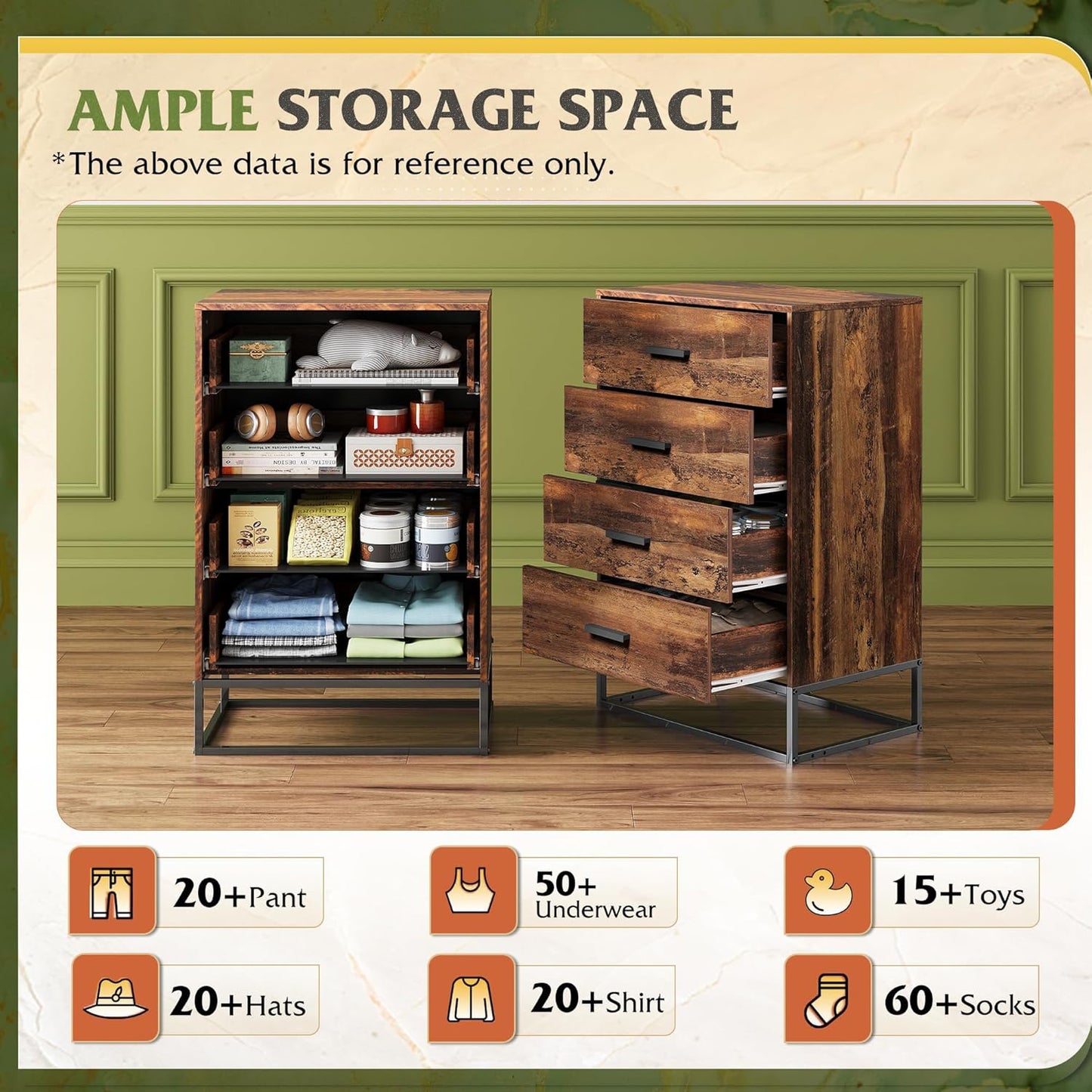 WLIVE Wood Dresser for Bedroom with 4 Drawers, Tall Dresser with Sturdy Metal Frame, Wooden Chest of Drawers for Hallway, Living Room, Closet, Brown Oak