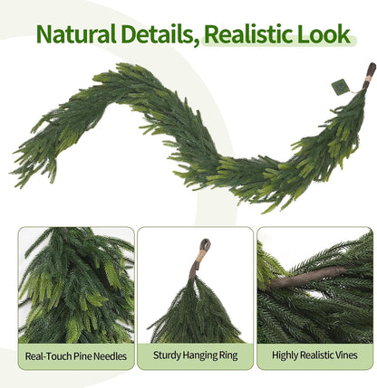 6FT Artificial Norfolk Pine Garland – Real Touch Greenery Garland, Dense Green Plants for Indoor Outdoor Christmas, Holiday, and Home Decoration (2, 6FT-)