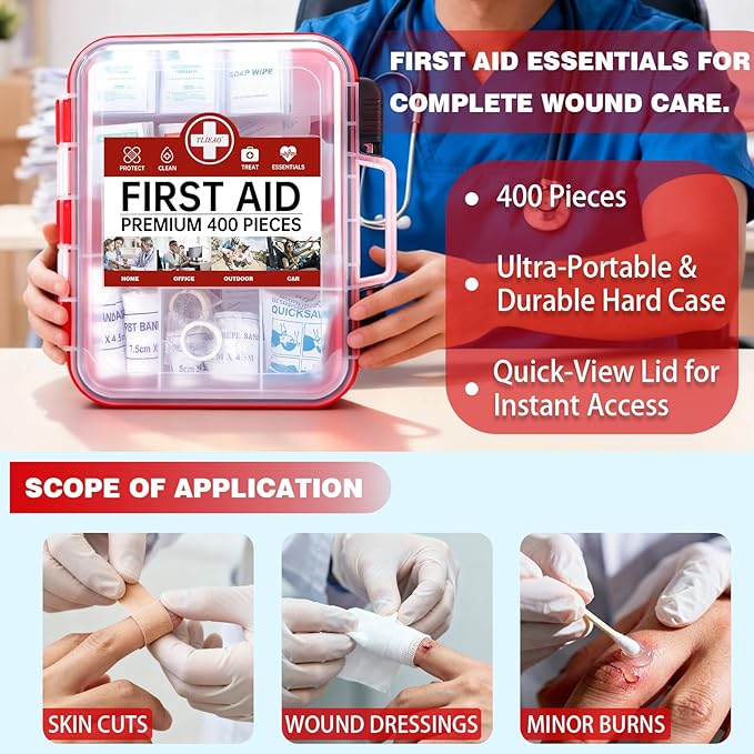 400 Pieces All-Purpose First Aid Kit - Organized Dual-Layer Wall - Professional Medical Kit for Home, Car, Camping, Travel, Office, Outdoor, Business & Sports