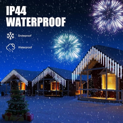 Christmas Meteor Shower Lights Outdoor, 30 Ft With 20 Large Tube 480 LED Dropping Effect, Waterproof Icicle Indoor for Tree Patio Roof Holiday Decor, Cool White